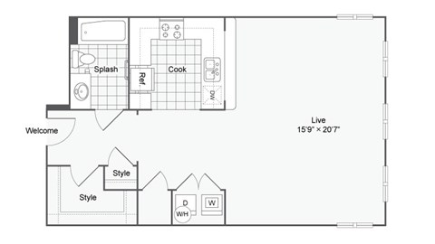 Floor plan for studio, 1 bath, 678 sqft