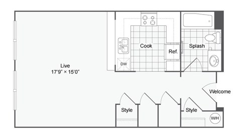 Floor plan for studio, 1 bath, 634 sqft