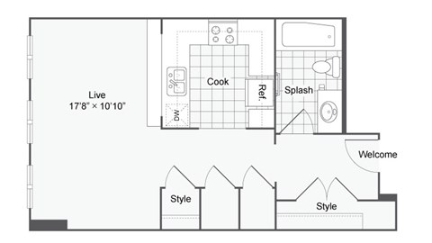Floor plan for studio, 1 bath, 580 sqft