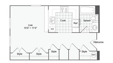 Floor plan for studio, 1 bath, 461 sqft