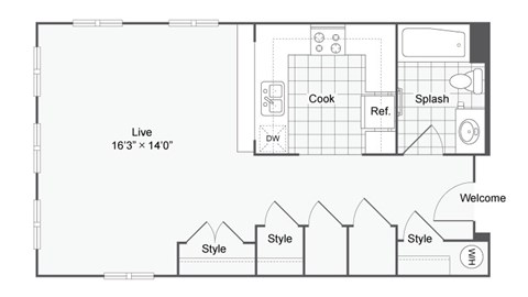 Floor plan for studio, 1 bath, 505 sqft