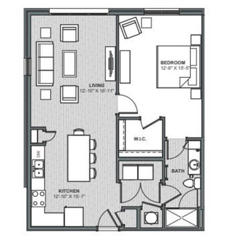 Floor plan for 1 bed, 1 bath, 882 sqft