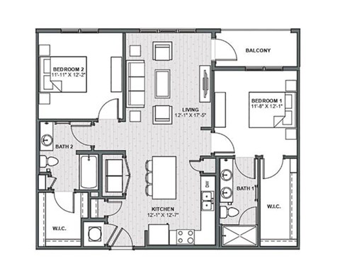 Floor plan for 2 beds, 2 baths, 1088 sqft