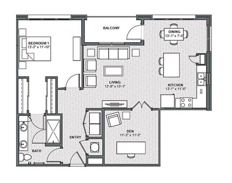 Floor plan for 1 bed, 1 bath, 1063 sqft
