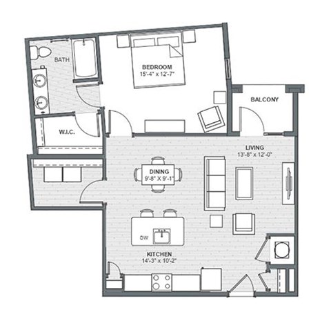 Floor plan for 1 bed, 1 bath, 887 sqft