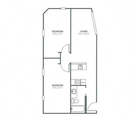 Floor plan for 2 beds, 1 bath, 731 sqft