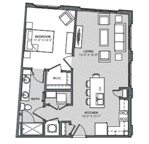 Floor plan for 1 bed, 1 bath, 770 sqft