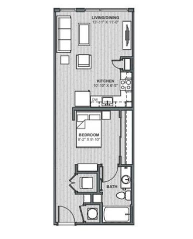 Floor plan for studio, 1 bath, 572 sqft