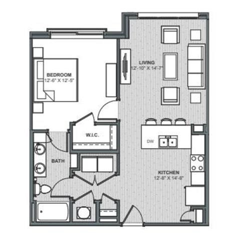 Floor plan for 1 bed, 1 bath, 782 sqft
