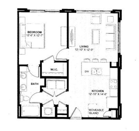 Floor plan for 1 bed, 1 bath, 742 sqft