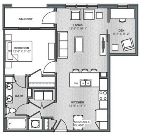 Floor plan for 1 bed, 1 bath, 839 sqft