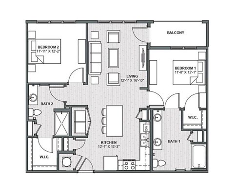 Floor plan for 2 beds, 2 baths, 1088 sqft