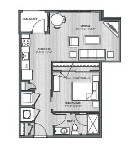 Floor plan for studio, 1 bath, 638 sqft