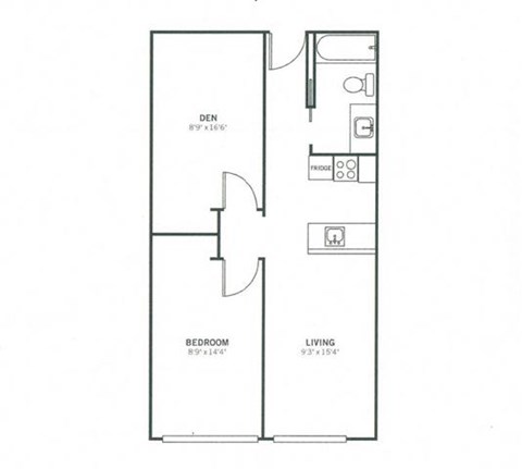 Floor plan for 1 bed, 1 bath, 587 sqft