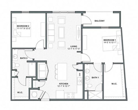Floor plan for 2 beds, 2 baths, 1159 sqft