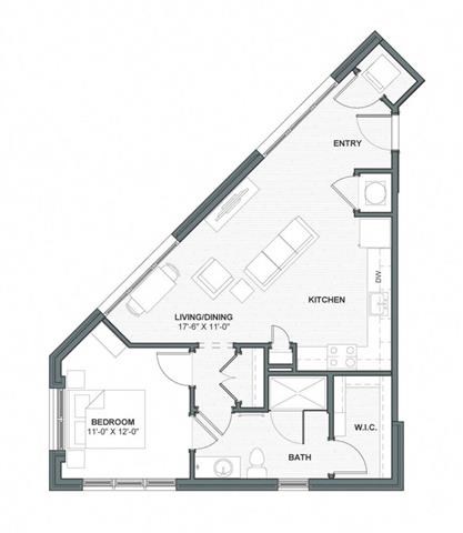 Floor plan for 1 bed, 1 bath, 748 sqft