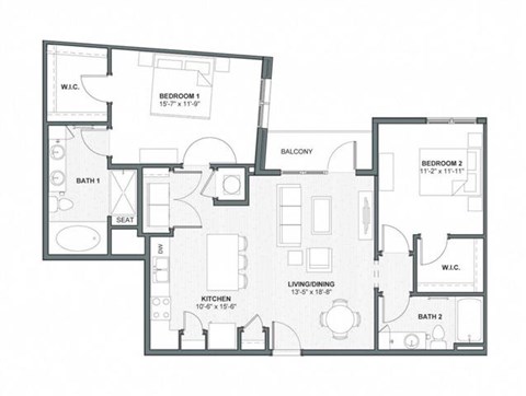 Floor plan for 2 beds, 2 baths, 1190 sqft