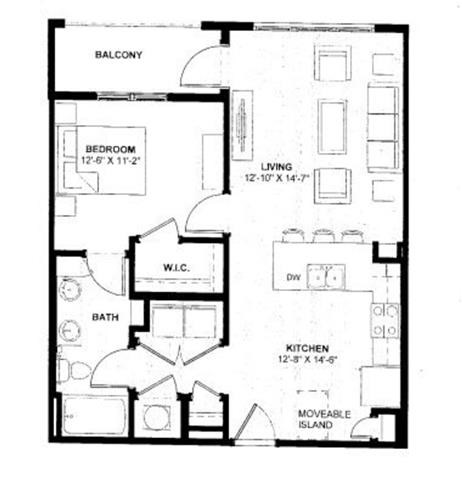 Floor plan for 1 bed, 1 bath, 754 sqft