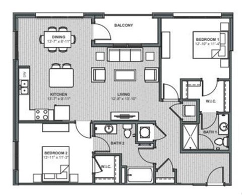 Floor plan for 2 beds, 2 baths, 1182 sqft