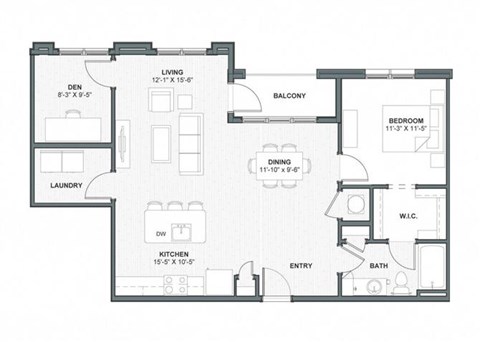 Floor plan for 2 beds, 1 bath, 1011 sqft