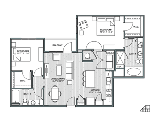 Floor plan for 2 beds, 2 baths, 1189 sqft