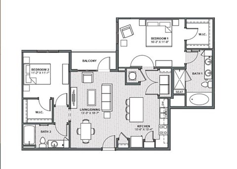 Floor plan for 2 beds, 2 baths, 1181 sqft