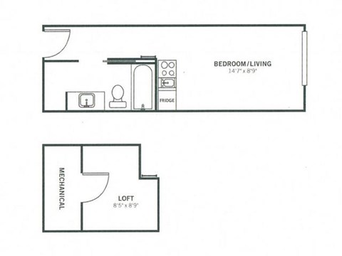 Floor plan for studio, 1 bath, 265 sqft