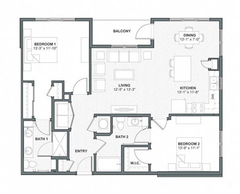Floor plan for 2 beds, 2 baths, 1177 sqft