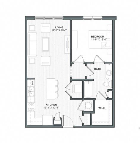 Floor plan for 1 bed, 1 bath, 782 sqft
