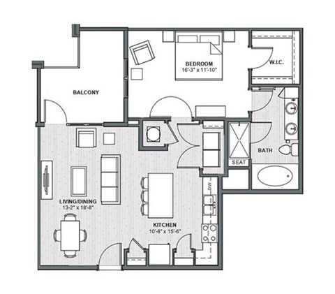 Floor plan for 1 bed, 1 bath, 898 sqft