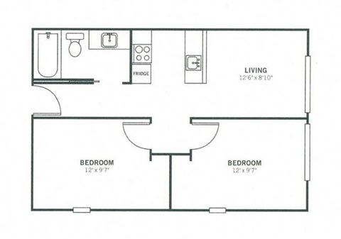 Floor plan for 2 beds, 1 bath, 518 sqft