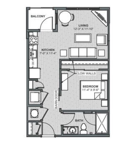 Floor plan for studio, 1 bath, 583 sqft