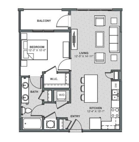 Floor plan for 1 bed, 1 bath, 735 sqft