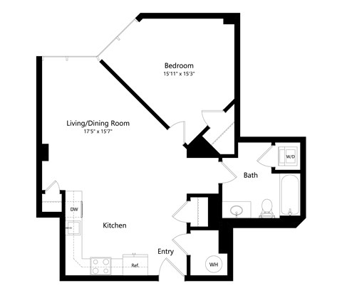 Floor plan for 1 bed, 1 bath, 692 sqft