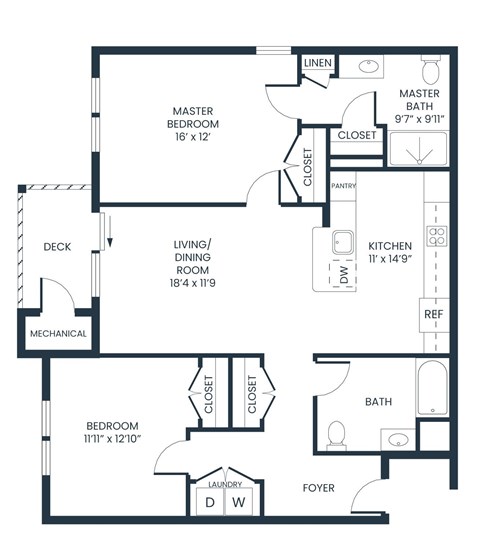 Floor plan for 2 beds, 2 baths, 1102 sqft