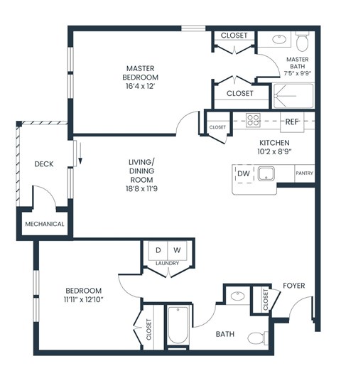 Floor plan for 2 beds, 2 baths, 1111 sqft