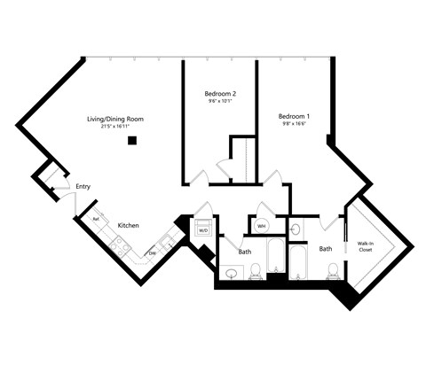 Floor plan for 2 beds, 2 baths, 1139 sqft
