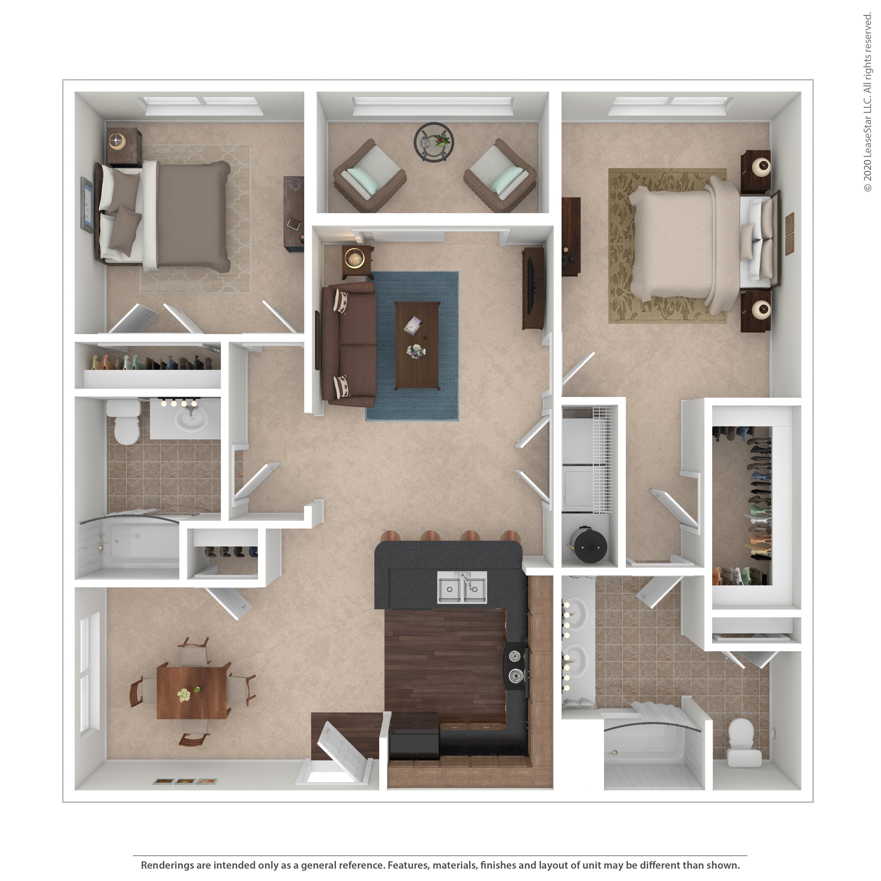 Floor plan for 2 beds, 2 baths, 1101 sqft