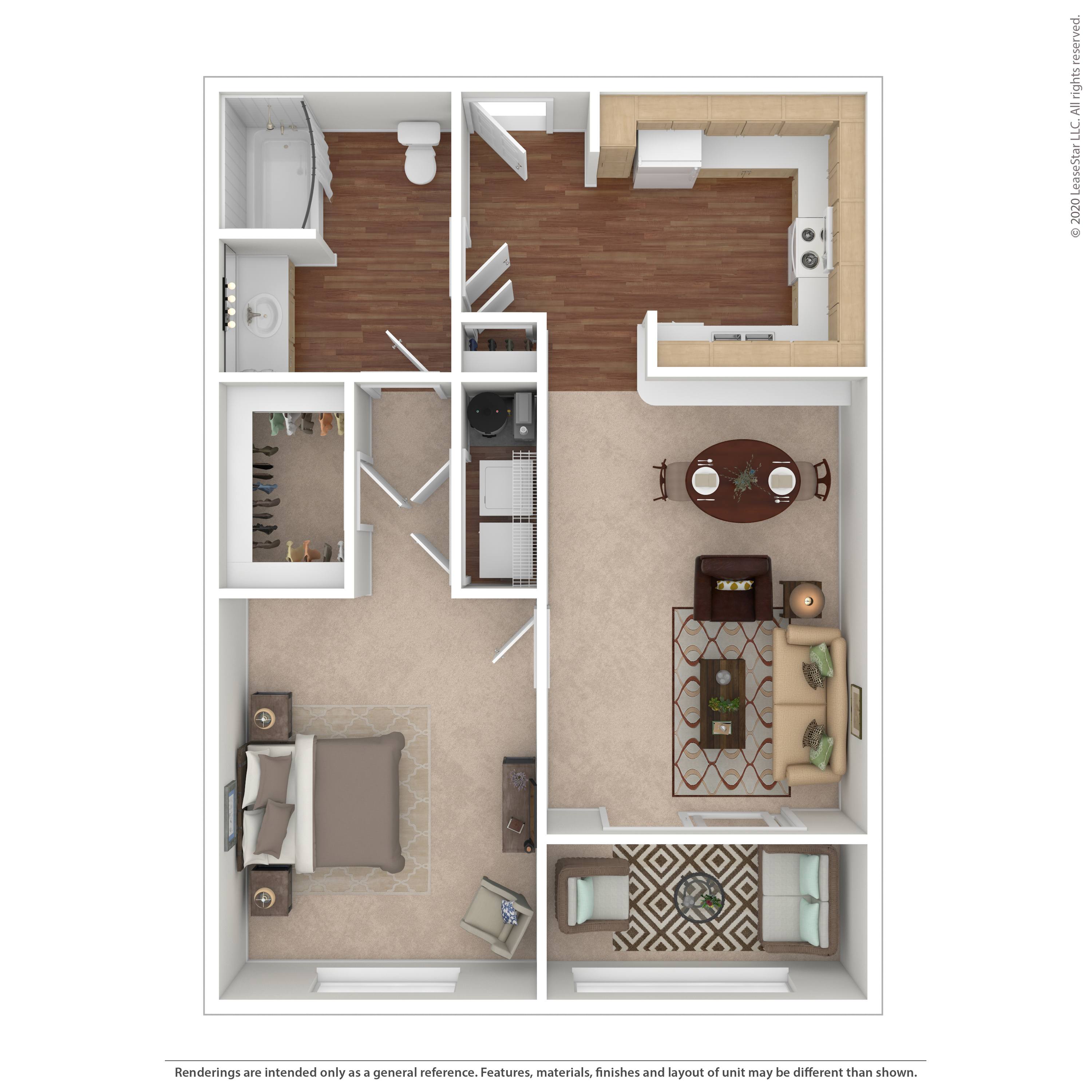 Floor plan for 1 bed, 1 bath, 850 sqft