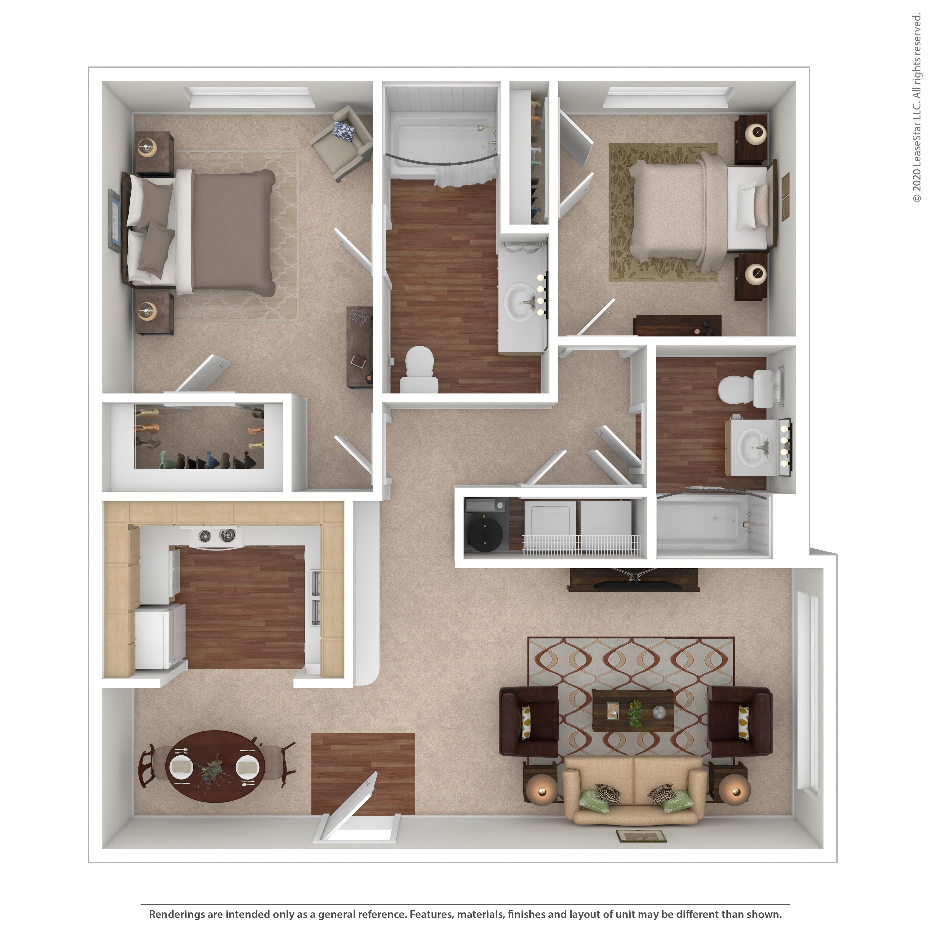 Floor plan for 2 beds, 2 baths, 1085 sqft