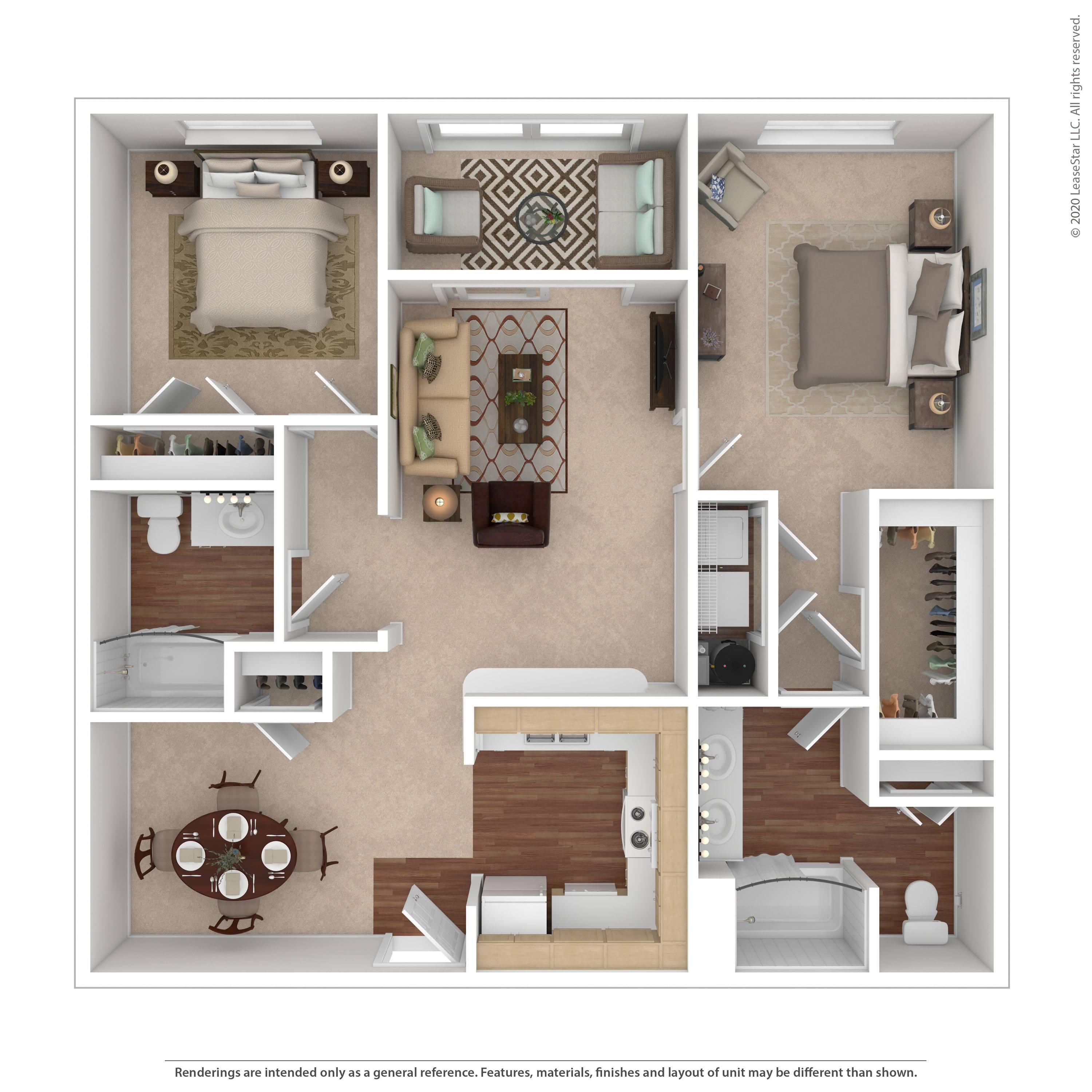 Floor plan for 2 beds, 2 baths, 1188 sqft