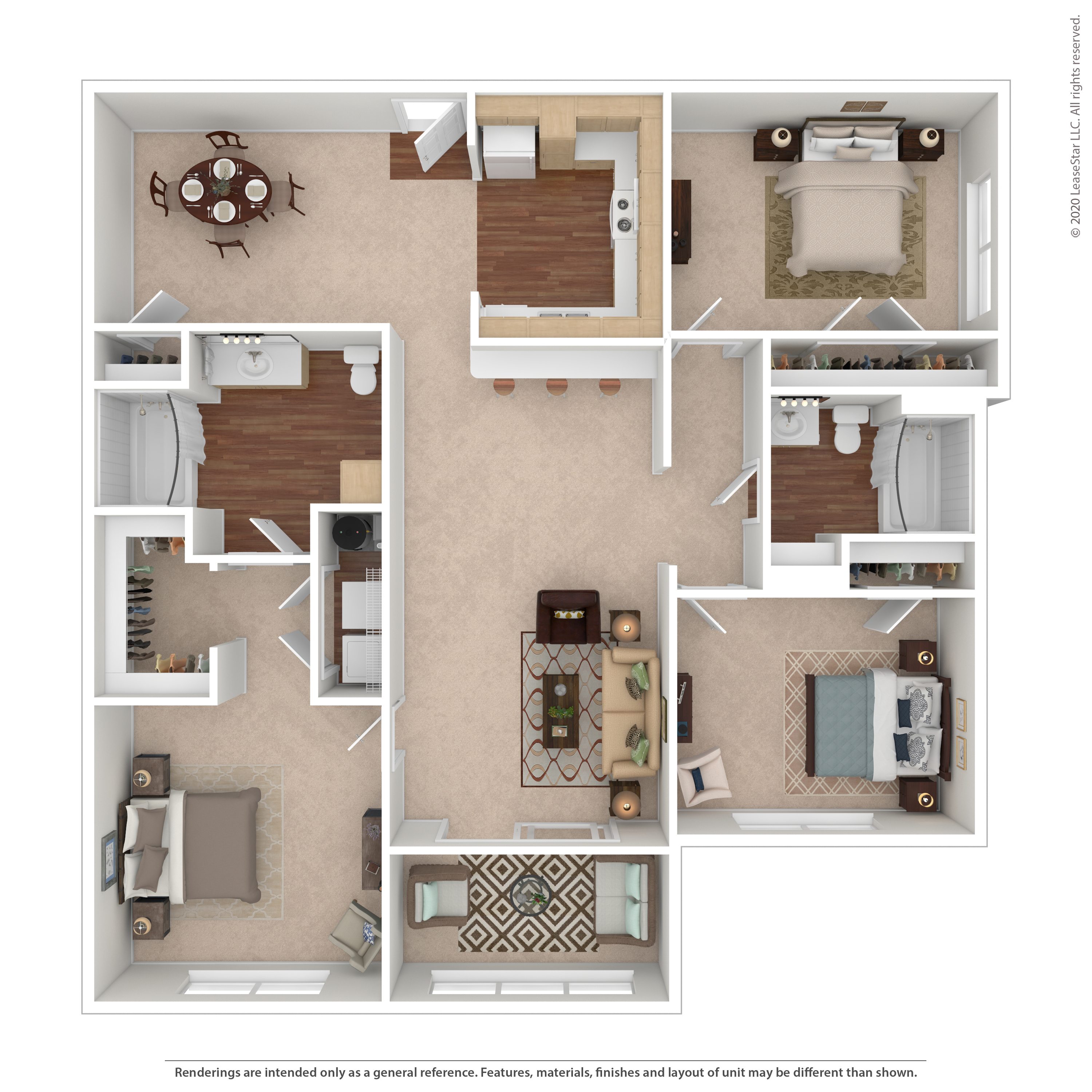 Floor plan for 3 beds, 2 baths, 1443 sqft