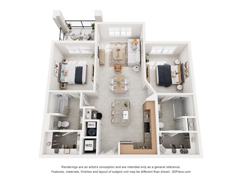 Floor plan for 2 beds, 2 baths, 1038 sqft