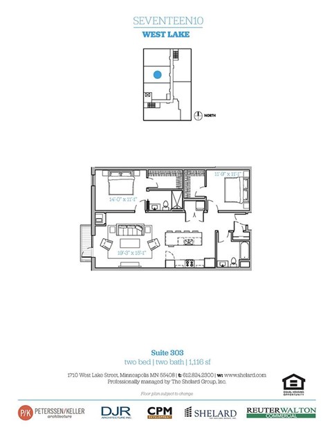 Floor plan for 2 beds, 2 baths, 1116 sqft