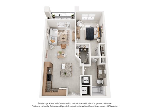 Floor plan for 1 bed, 1 bath, 799 sqft