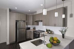 Belleville apartment for rent - A modern kitchen with a stainless steel refrigerator and a bowl of fruit on the counter.