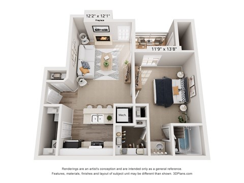 Floor plan for 1 bed, 1 bath, 626 sqft
