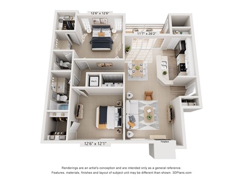 Floor plan for 2 beds, 2 baths, 1043 sqft