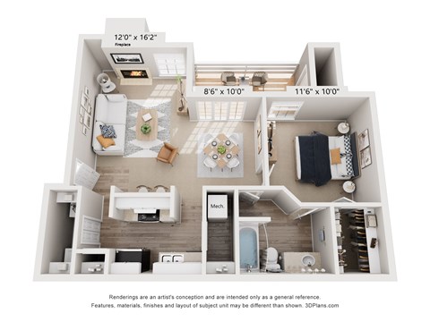 Floor plan for 1 bed, 1 bath, 720 sqft