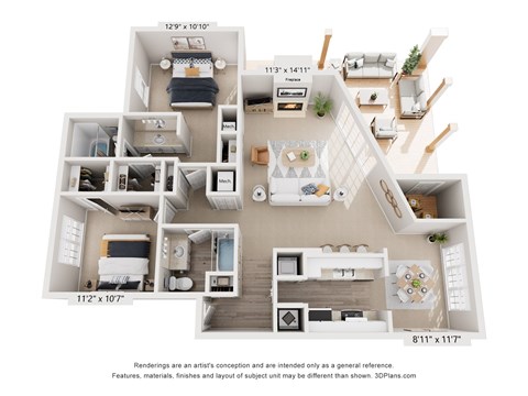 Floor plan for 2 beds, 2 baths, 1180 sqft